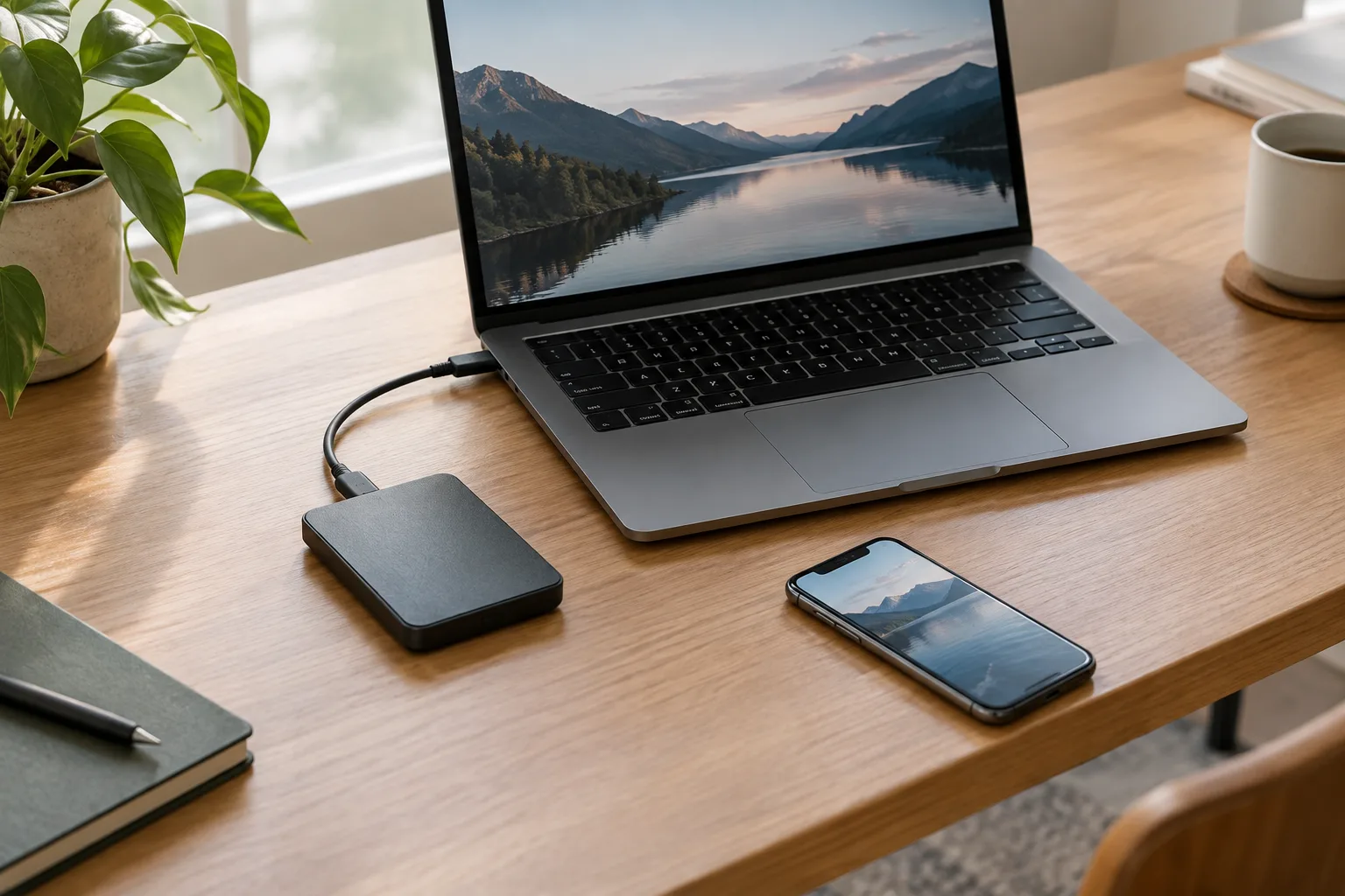 Un disque externe placé près d’un ordinateur et d’un téléphone.