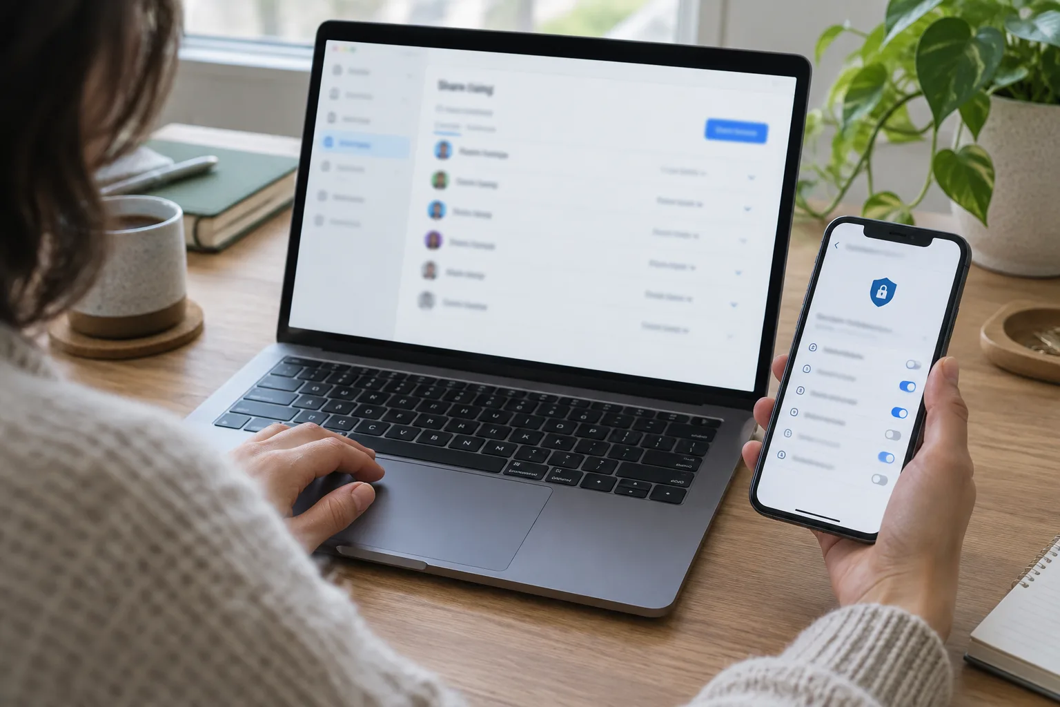 Une personne vérifie les paramètres de partage sur un ordinateur et un téléphone.