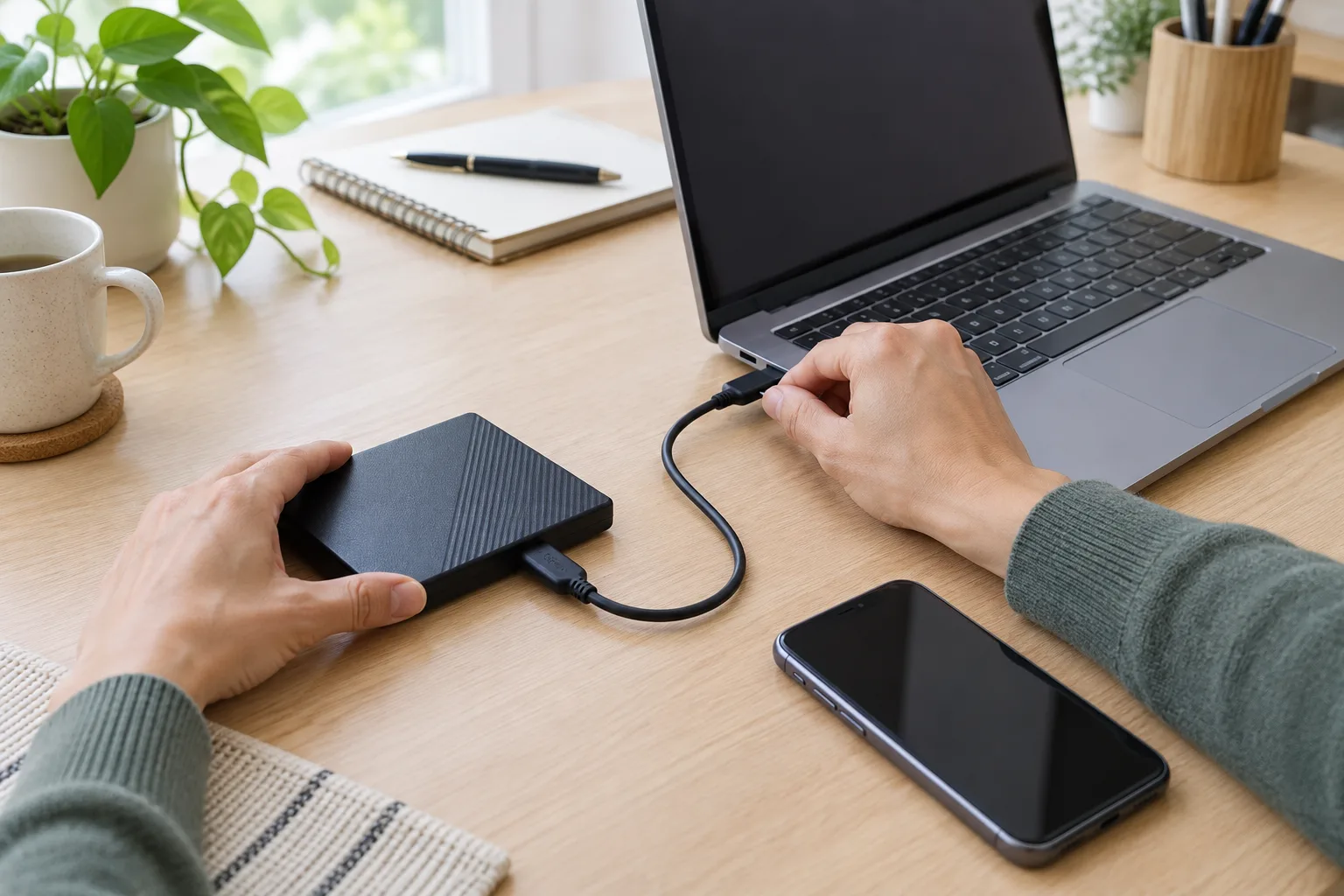 Des mains relient un disque externe à un ordinateur portable, avec un téléphone posé à côté.
