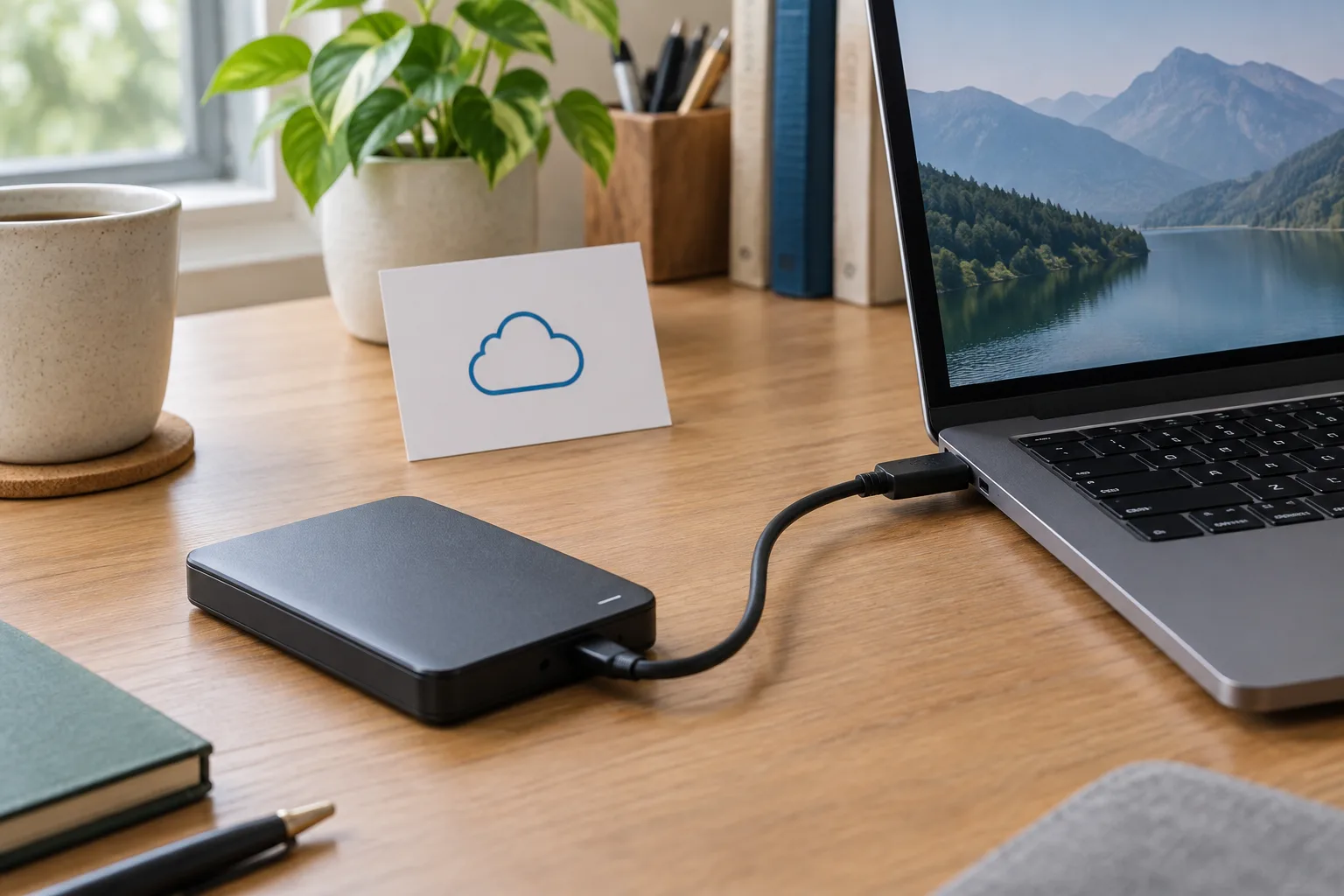 Un disque externe relié à un ordinateur, prêt à conserver une copie de fichiers importants.