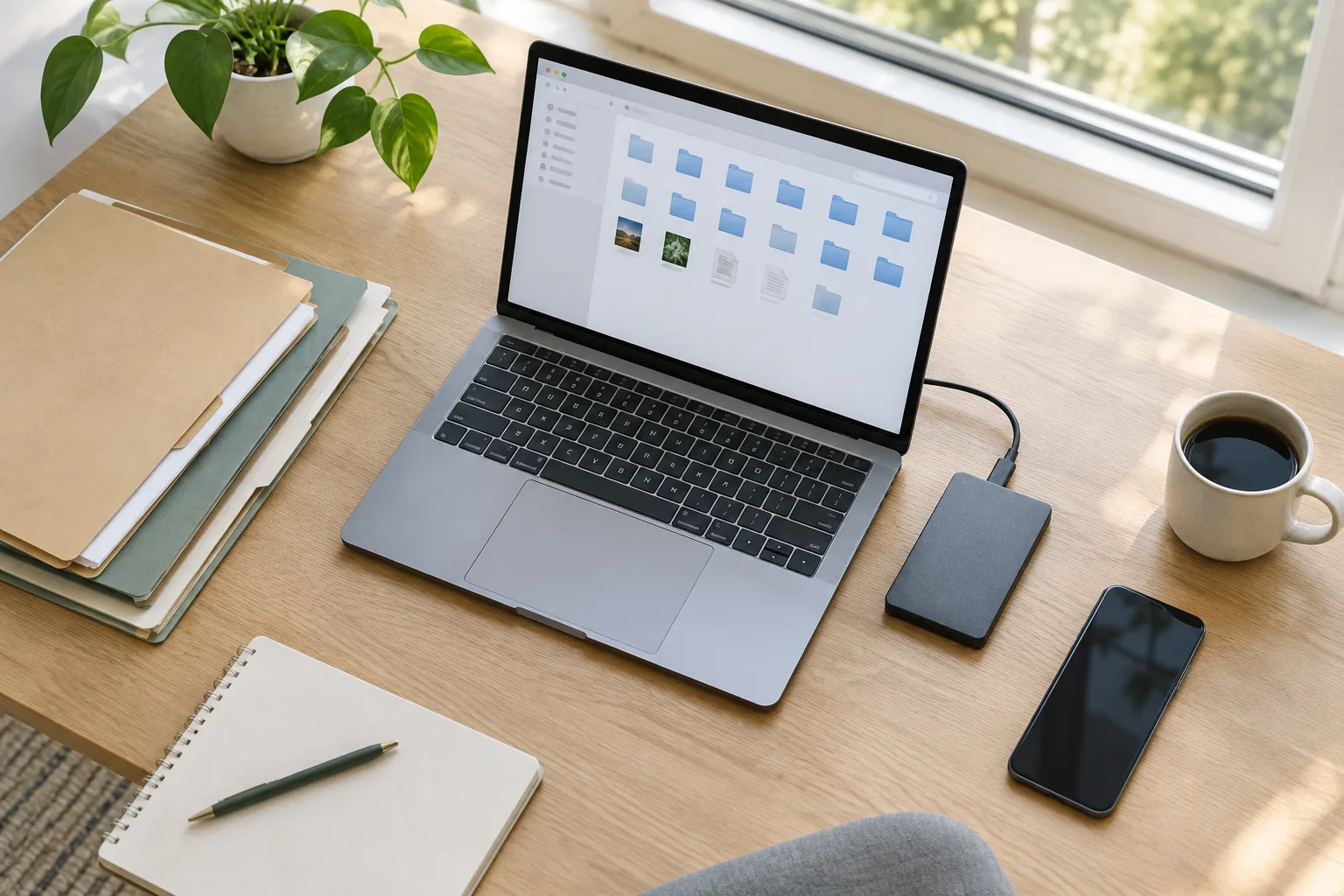 Un espace de travail organisé avec un ordinateur, des dossiers papier, un téléphone et un support de stockage externe.