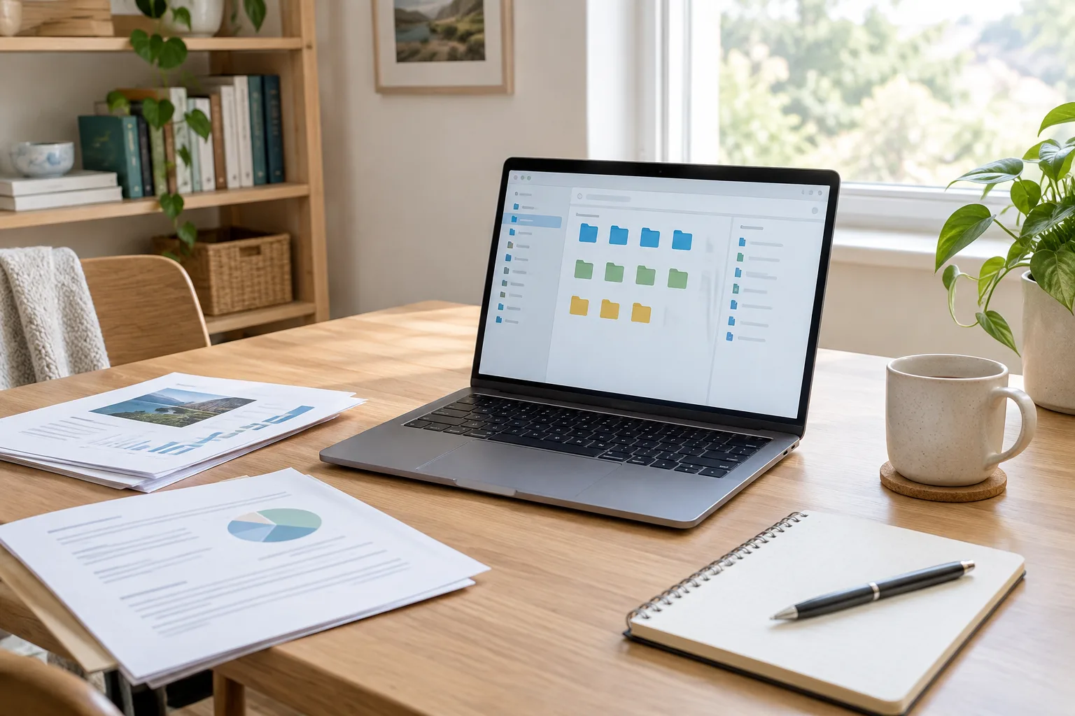 Un ordinateur portable ouvert sur une interface de dossiers, posé près de documents soigneusement rangés.