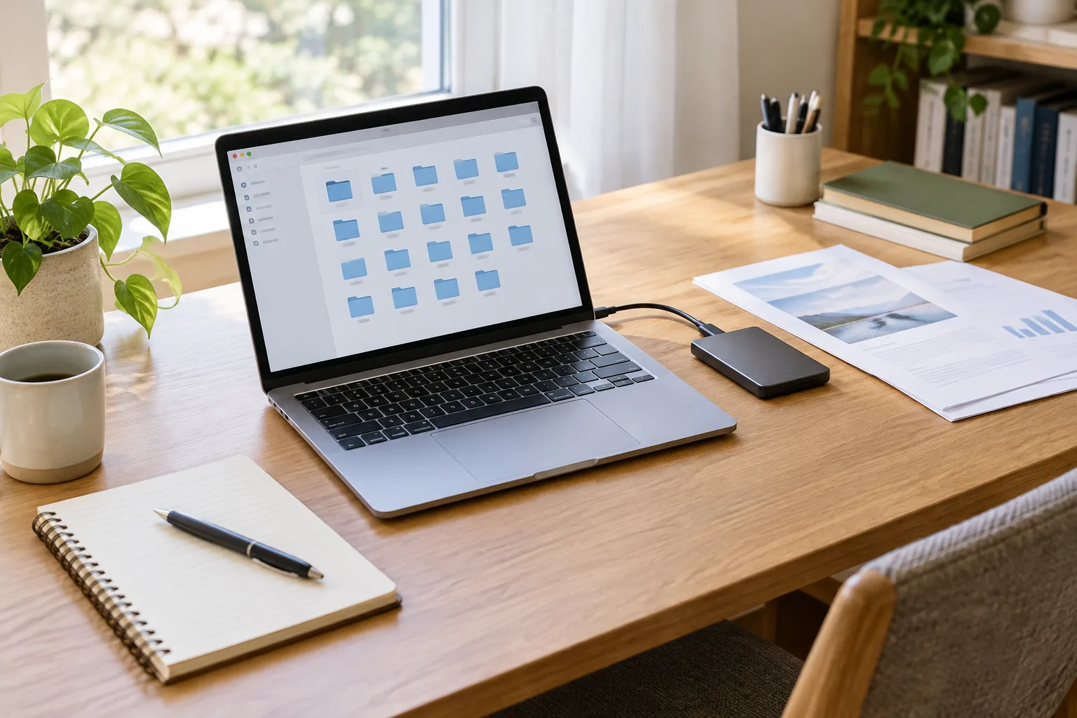 Un ordinateur portable et un disque externe posés sur un bureau organisé.