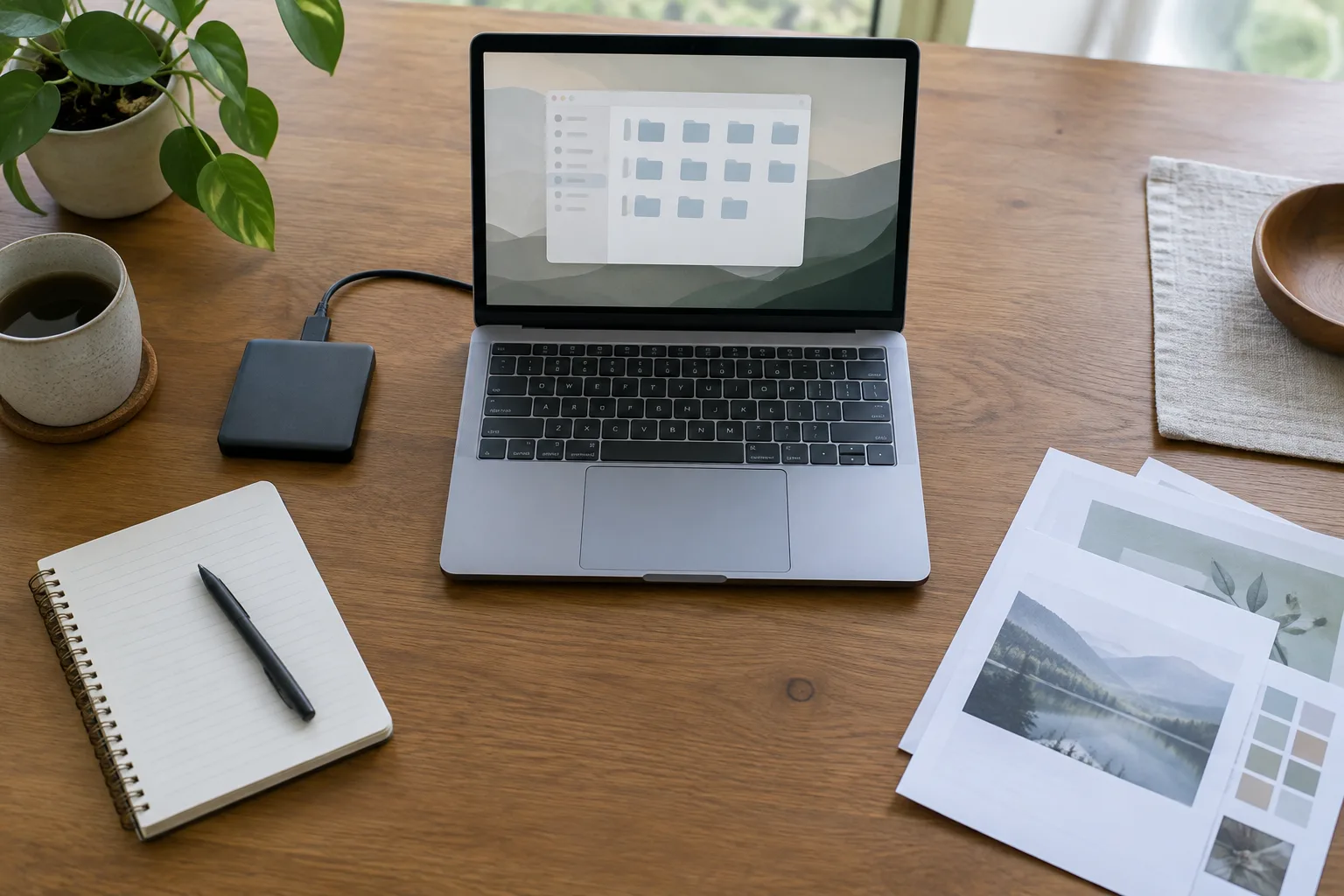 Ordinateur portable et documents rangés sur un bureau clair.