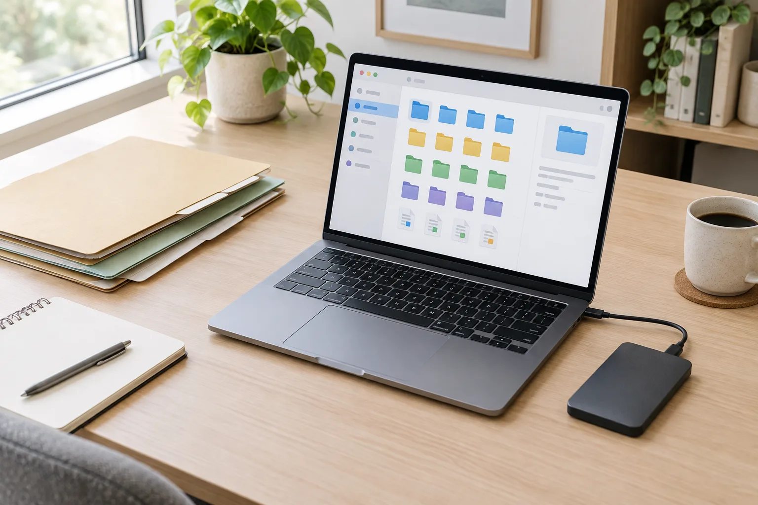 Un ordinateur portable et des dossiers rangés sur un bureau clair.
