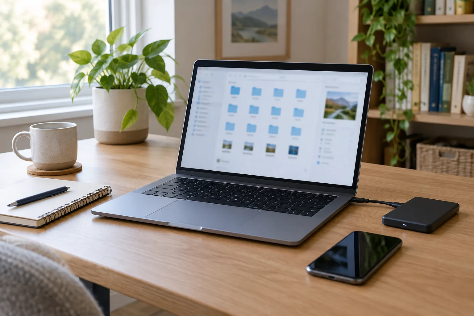 Un ordinateur portable, un téléphone et un disque externe réunis sur un bureau organisé.