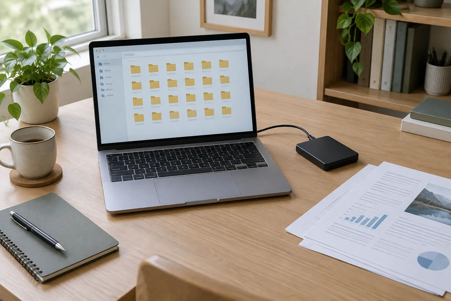 Un ordinateur portable, un disque externe et des documents disposés sur un bureau rangé.