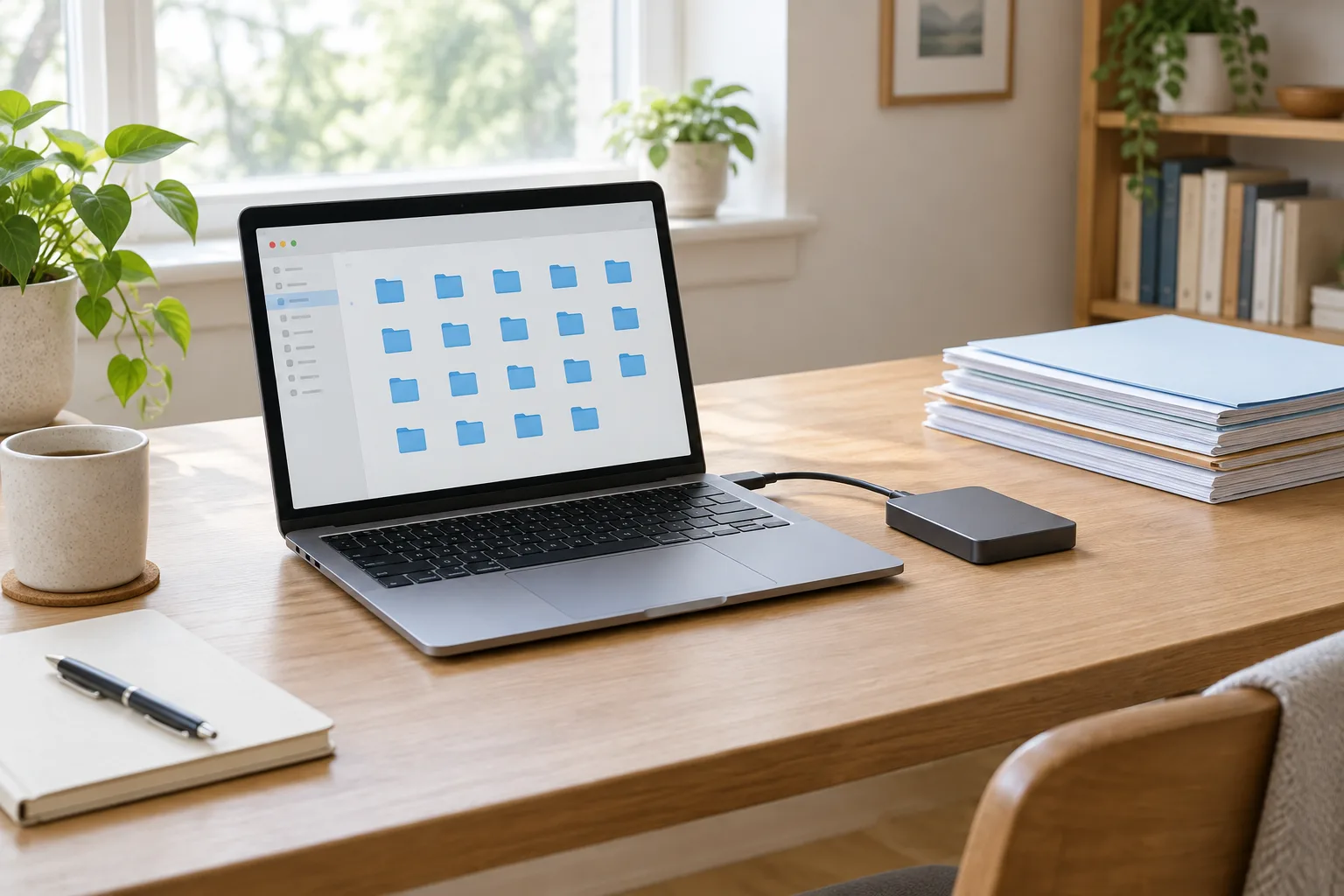 Un ordinateur portable et un disque externe sur un bureau rangé, évoquant le classement et la sauvegarde des fichiers.