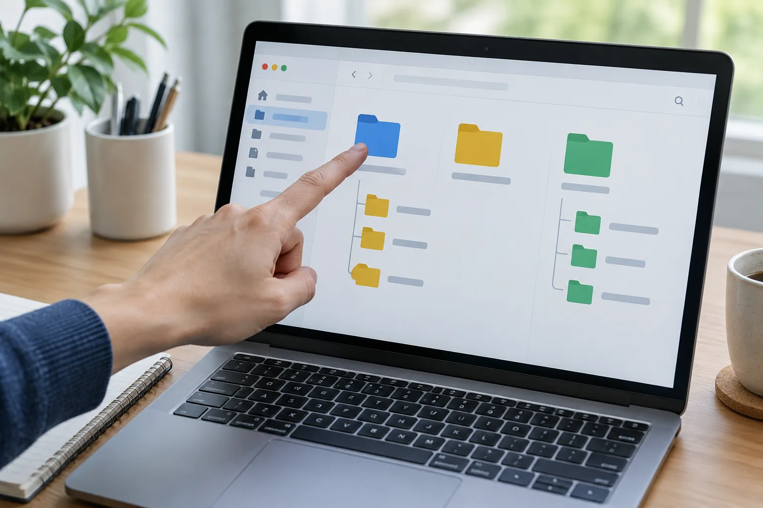 Une interface de gestion de fichiers montre quelques dossiers principaux et des sous-dossiers.