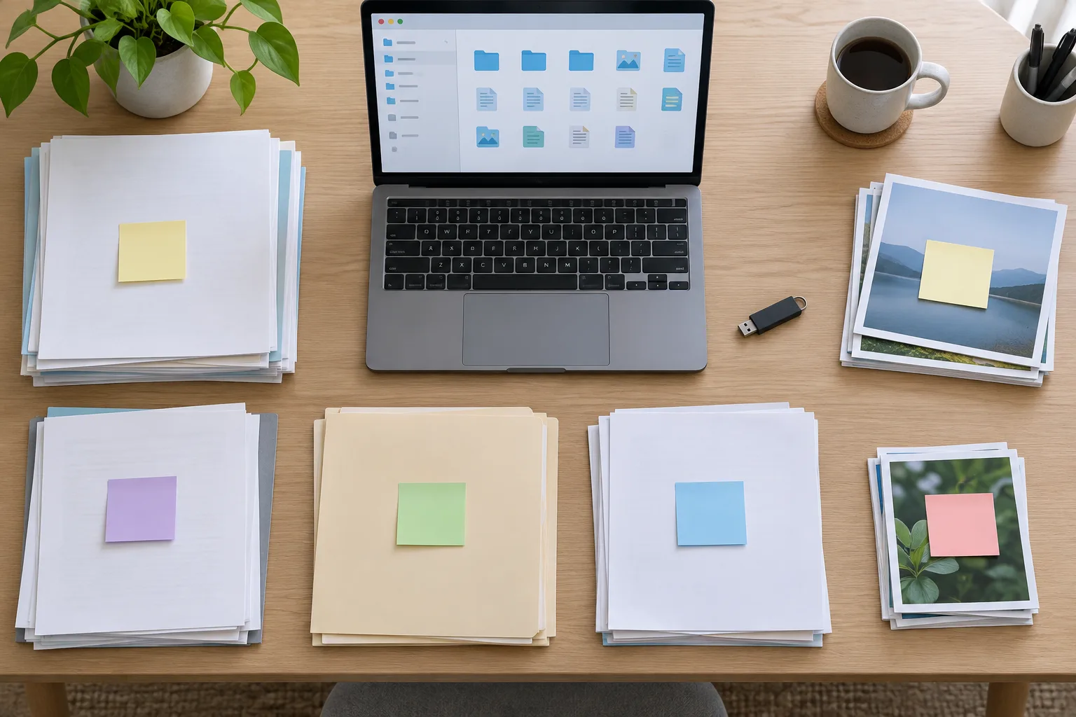 Un ordinateur, une clé USB et des piles de documents séparées pour préparer un inventaire des fichiers.