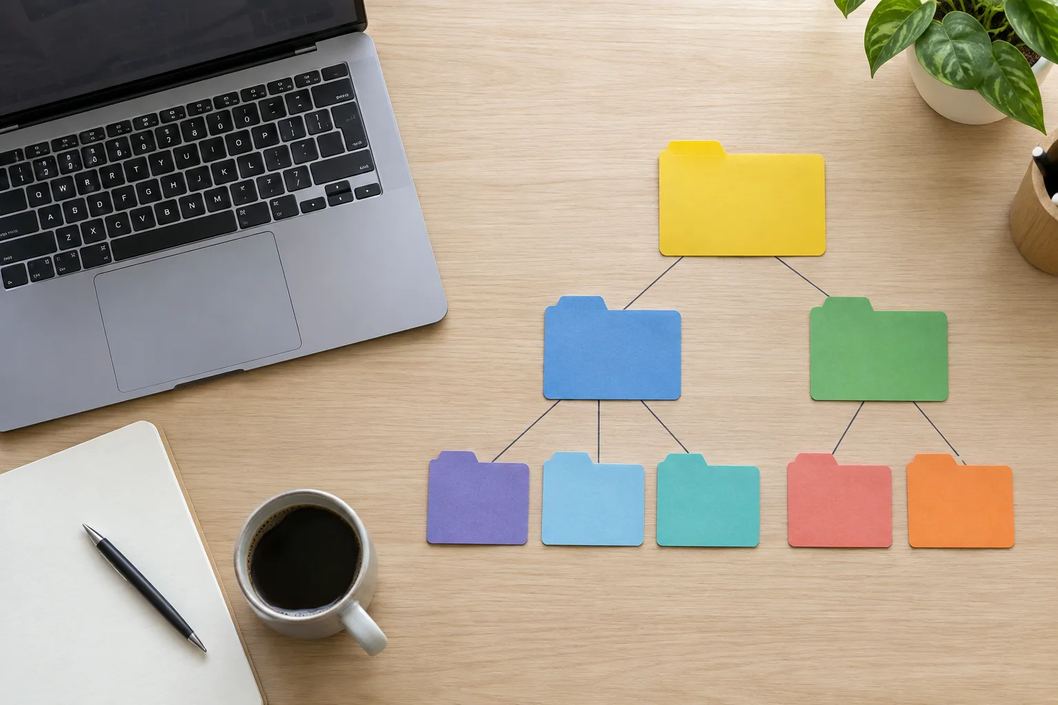 Un ordinateur posé près de pochettes organisées en quelques catégories simples.