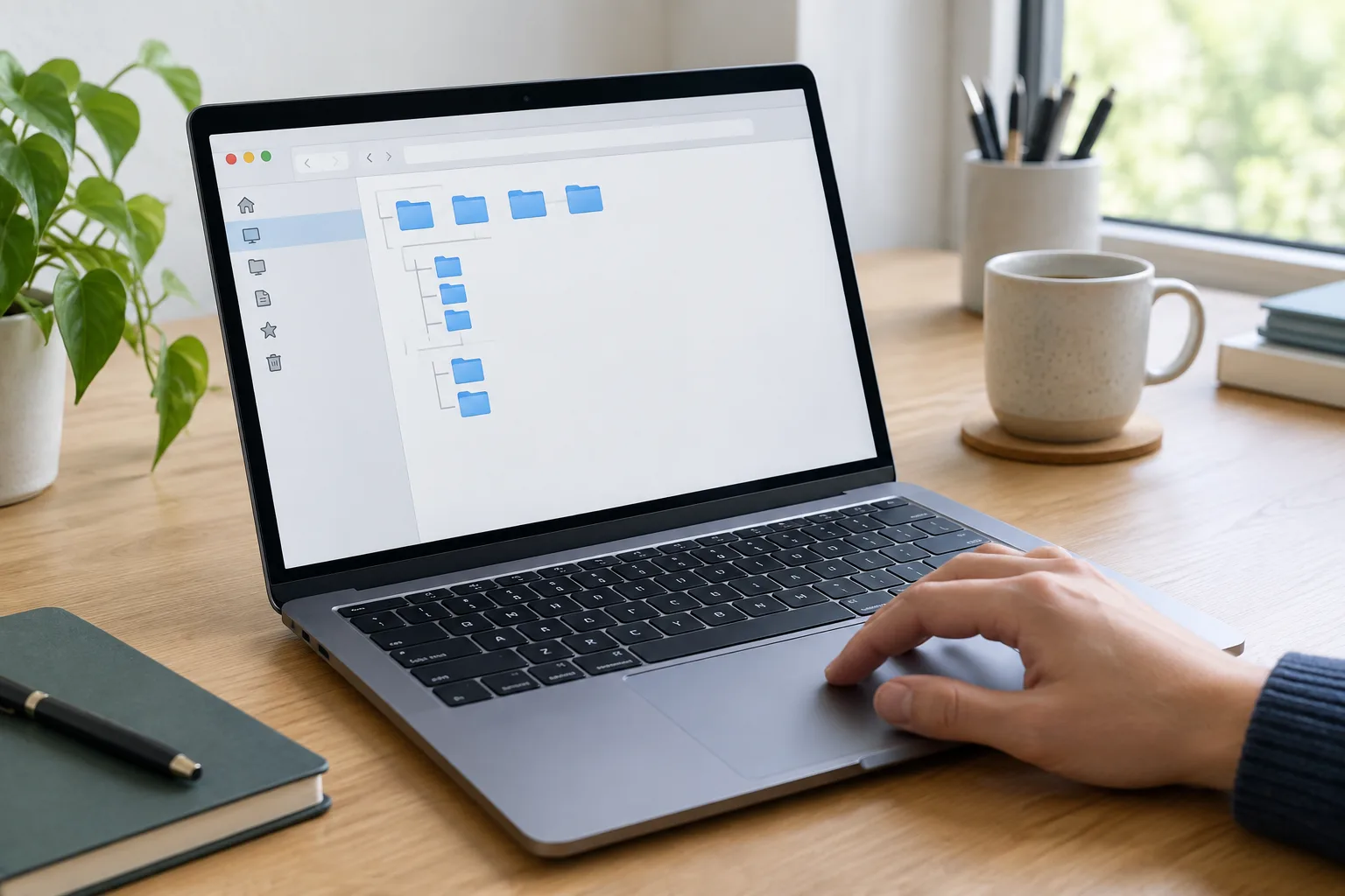 Une personne consulte une arborescence simple de dossiers sur un ordinateur portable.