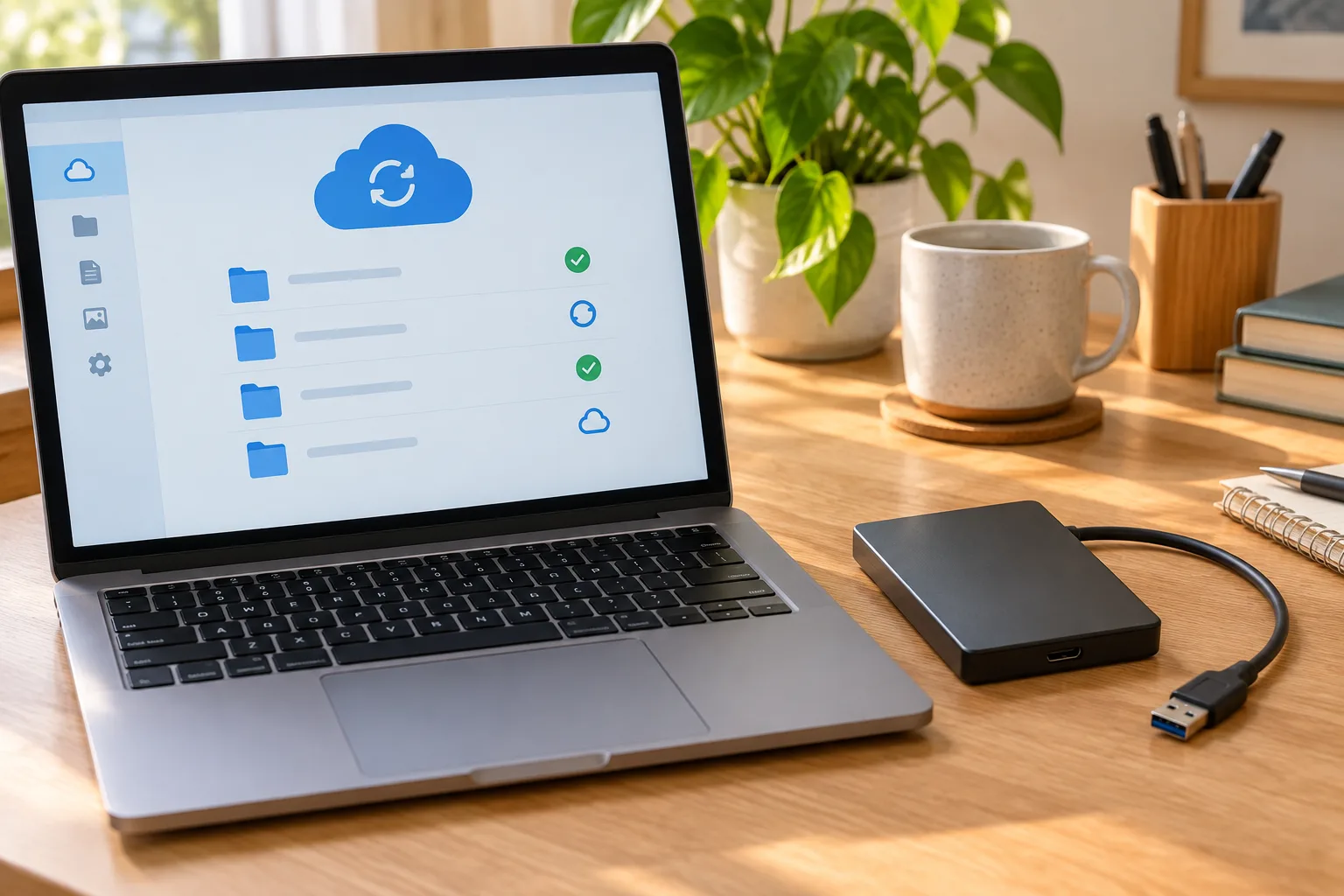 Un ordinateur affichant des dossiers génériques à côté d’un disque externe déconnecté.