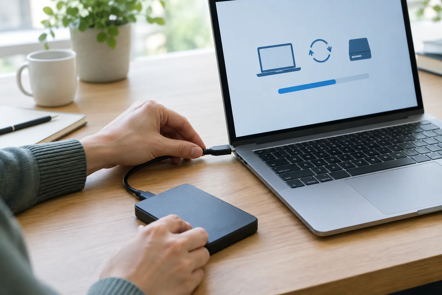 Une main connecte un disque externe à un ordinateur pour effectuer une sauvegarde.