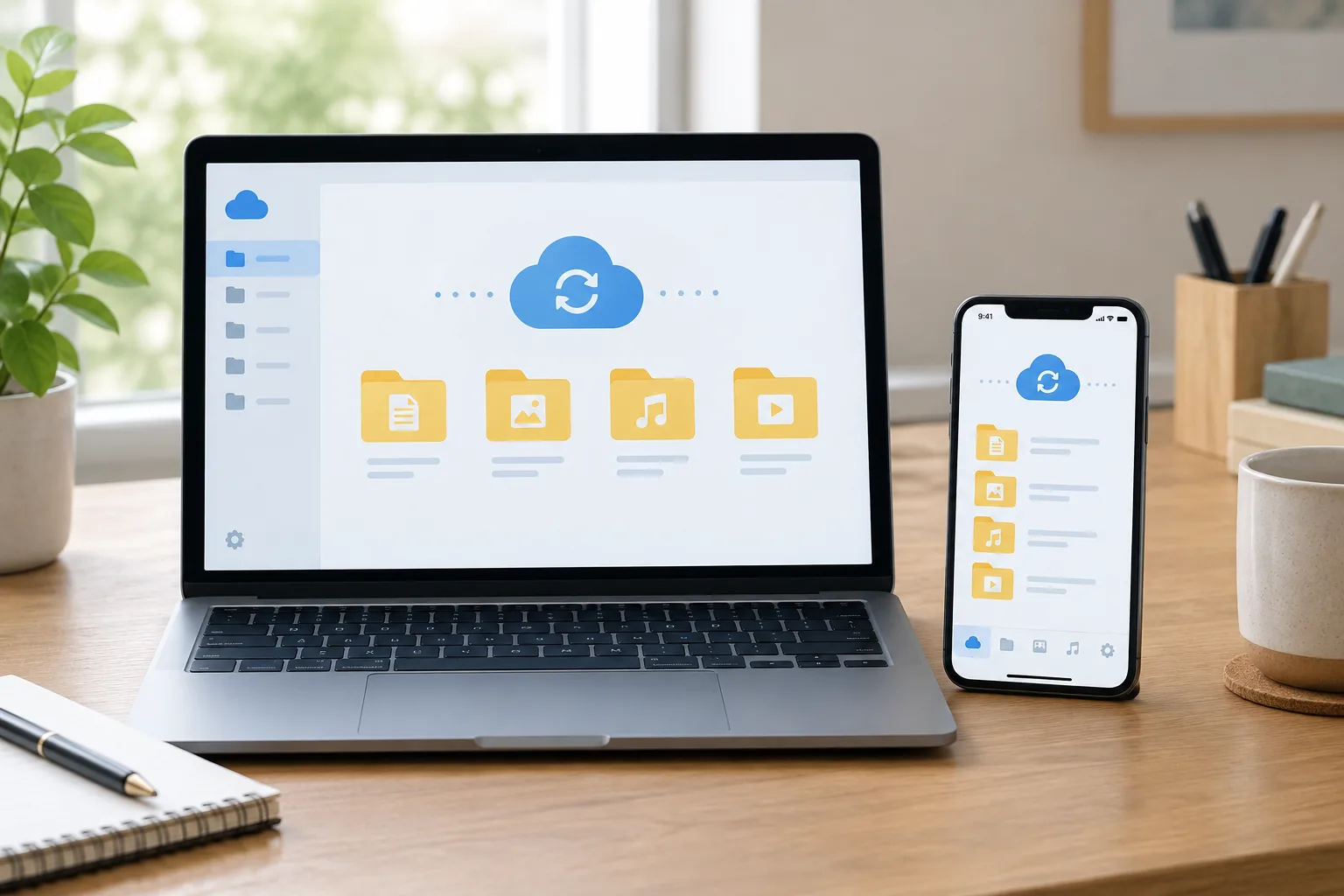 Un ordinateur portable et un téléphone affichent des interfaces génériques de stockage en ligne.