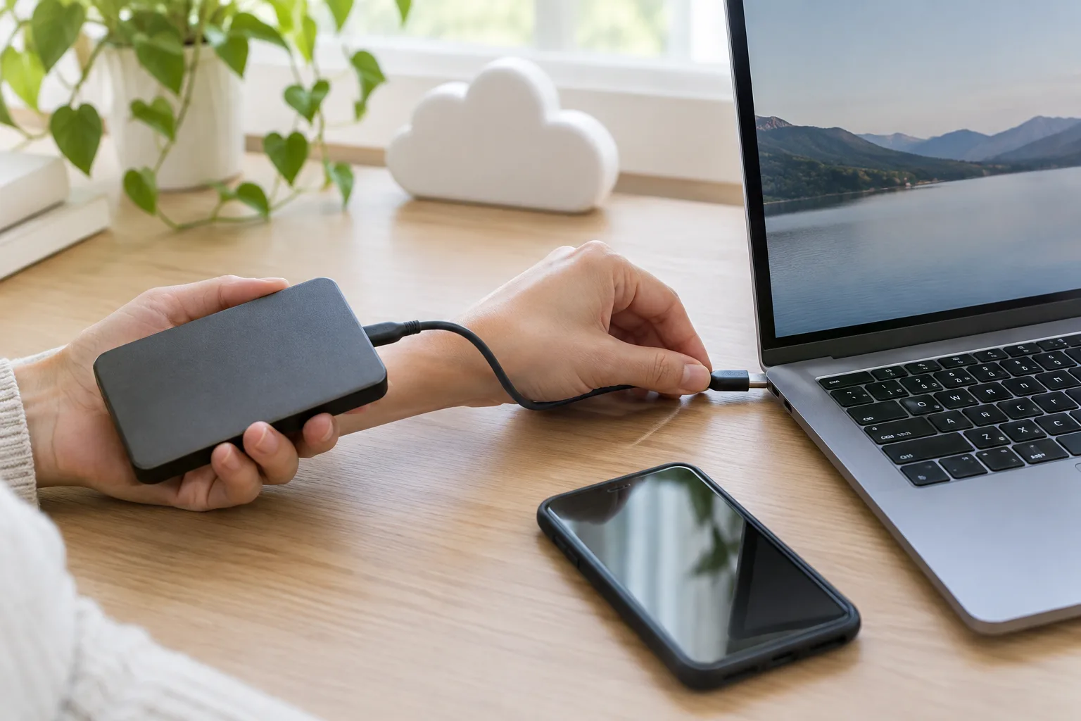 Un disque externe relié à un ordinateur portable, avec un téléphone posé à proximité.