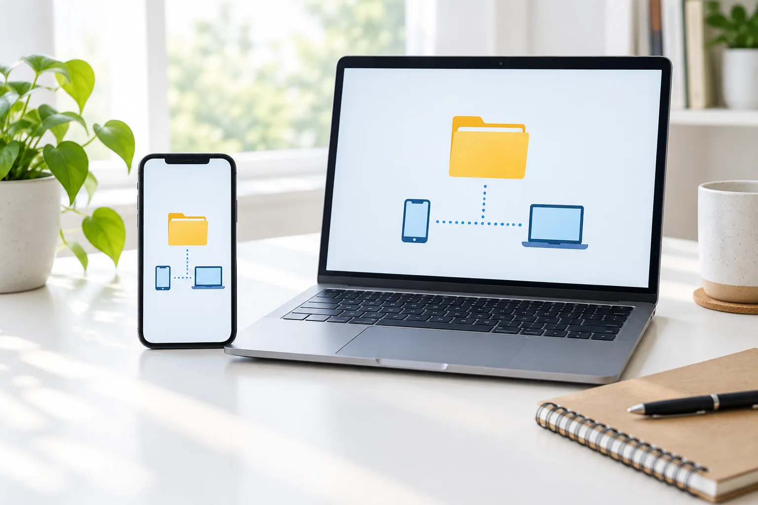 Téléphone et ordinateur affichant des dossiers similaires pour illustrer la synchronisation entre appareils.