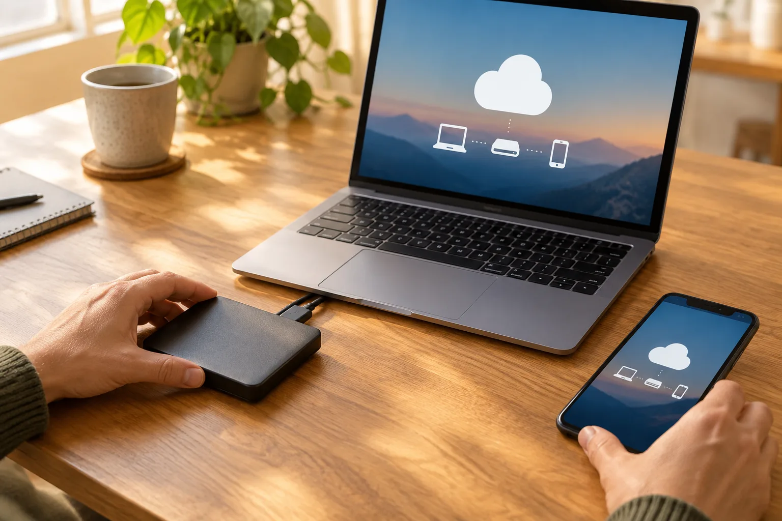 Un disque externe est posé près d’un ordinateur portable et d’un téléphone.