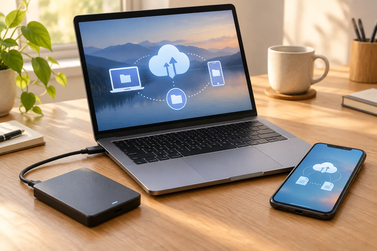 Un ordinateur portable, un téléphone et un disque externe illustrent la synchronisation et la sauvegarde.