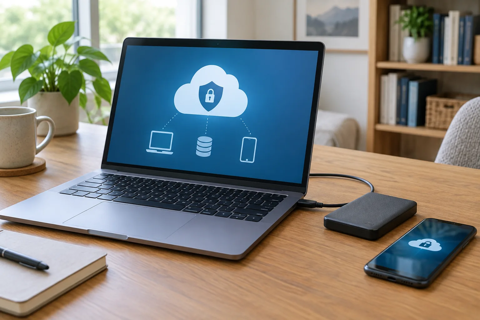 Un ordinateur, un téléphone et un disque externe réunis sur un bureau.