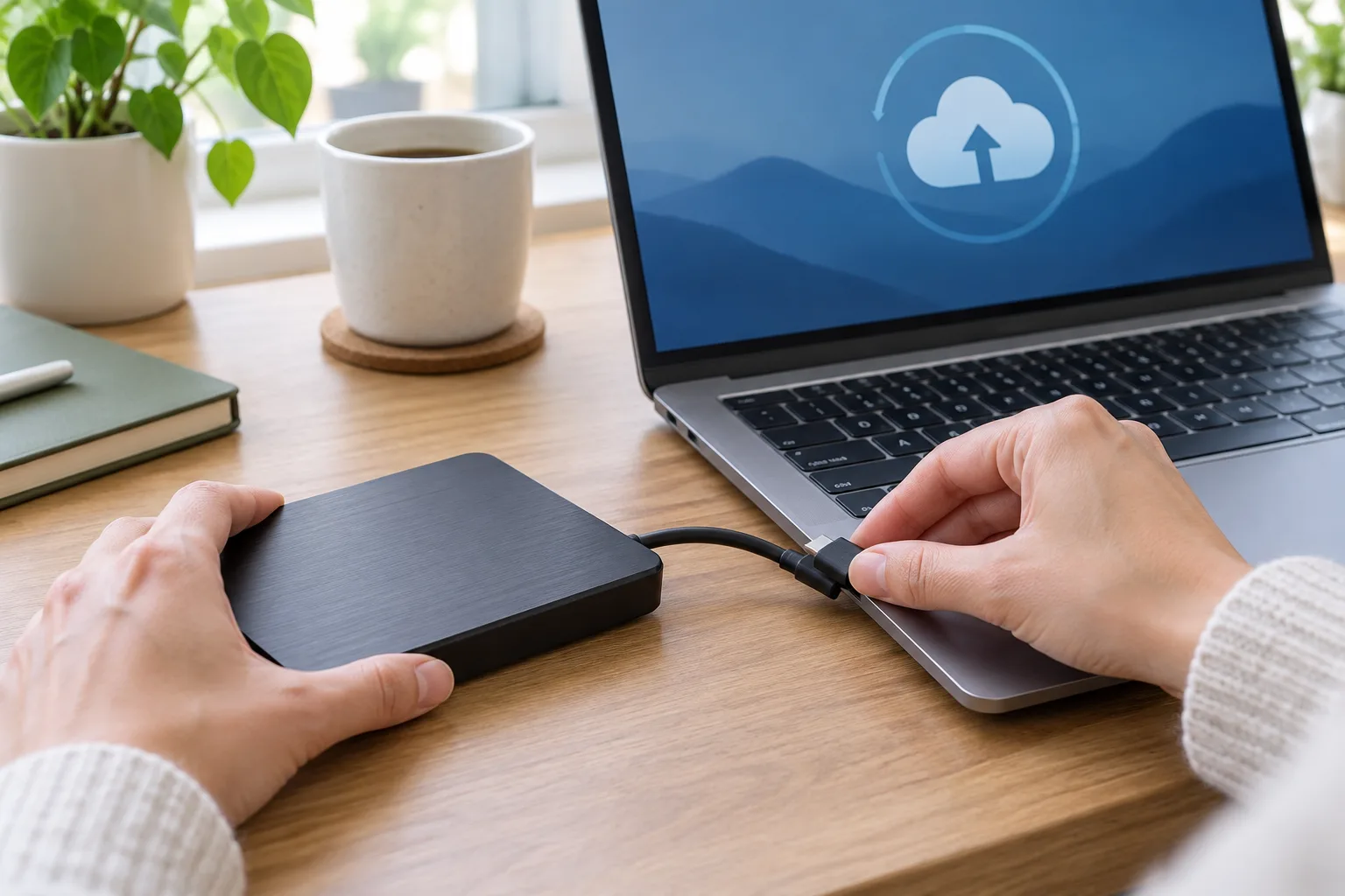 Un disque externe relié à un ordinateur pendant la copie de fichiers.