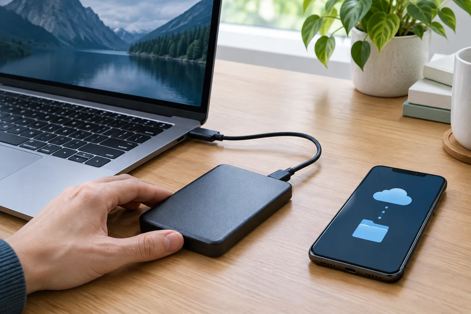 Un ordinateur connecté à un disque externe, avec un téléphone placé à proximité.