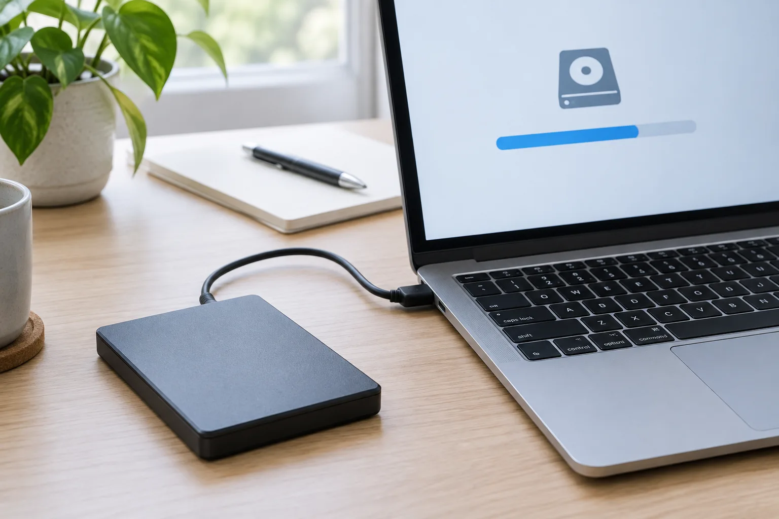 Un disque externe relié à un ordinateur pendant la copie de fichiers.