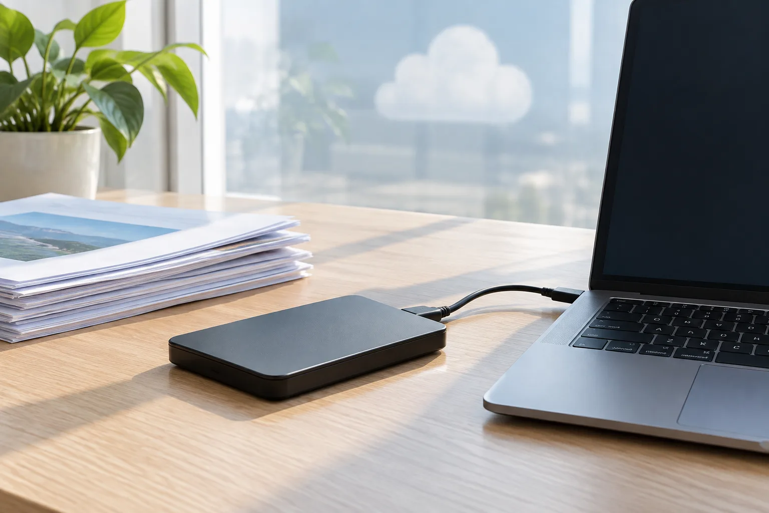 Un disque externe placé à côté d’un ordinateur et de documents imprimés.