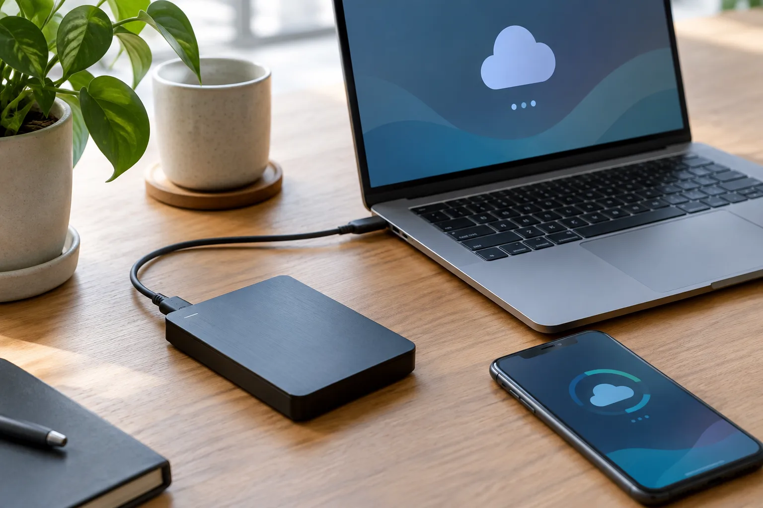 Un disque externe placé près d’un ordinateur portable et d’un téléphone.