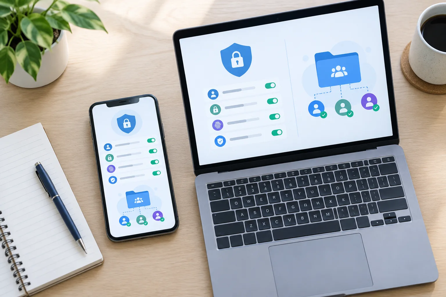 Un téléphone et un ordinateur affichent des icônes abstraites de sécurité et de partage de fichiers.