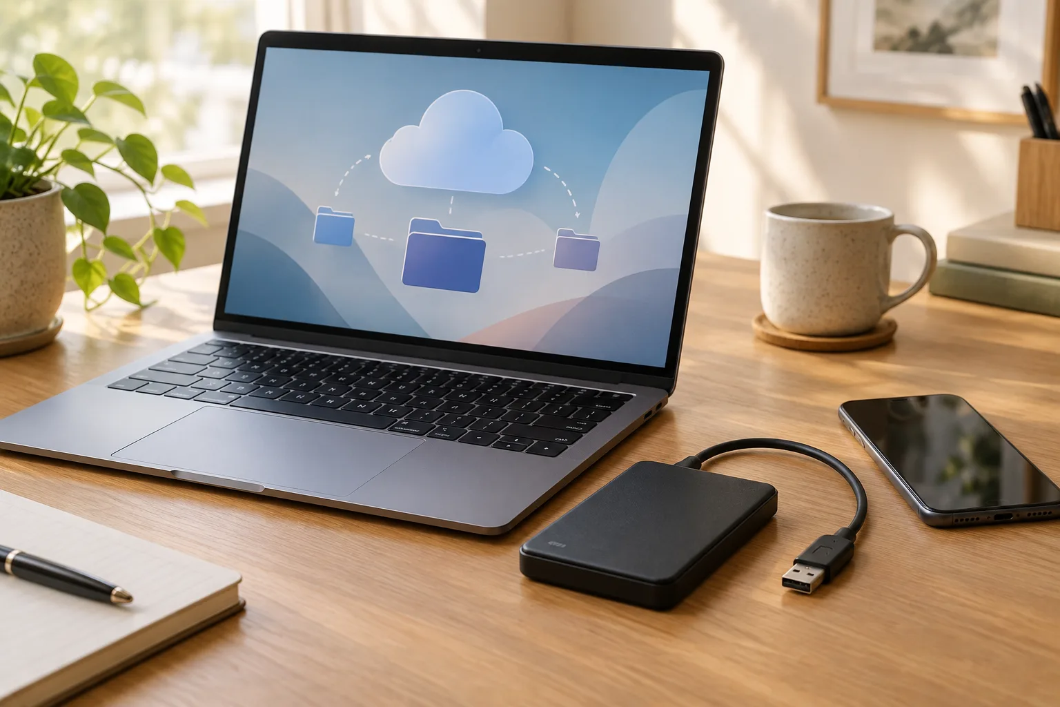 Un ordinateur, un téléphone et un disque externe illustrent les différents emplacements possibles pour conserver des fichiers.