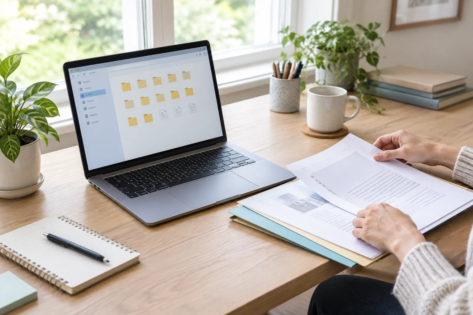 Un ordinateur portable ouvert sur une interface de dossiers, à côté de documents papier en cours de classement.