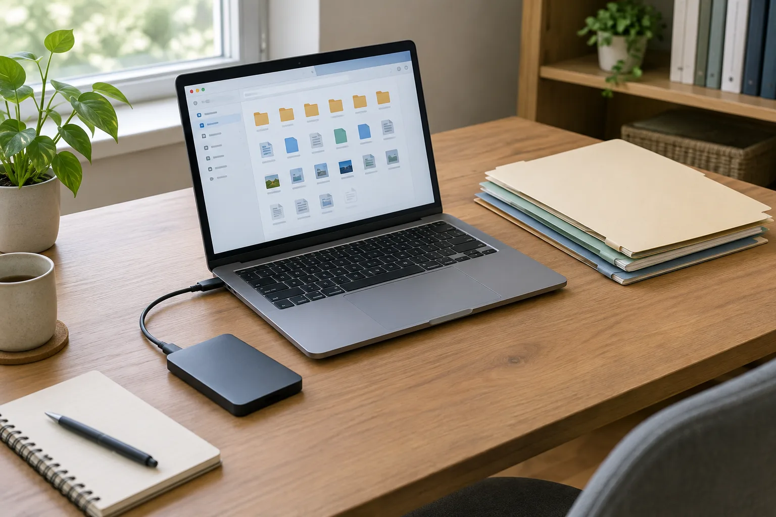 Un ordinateur portable, un disque externe et des dossiers papier rangés sur un bureau lumineux.
