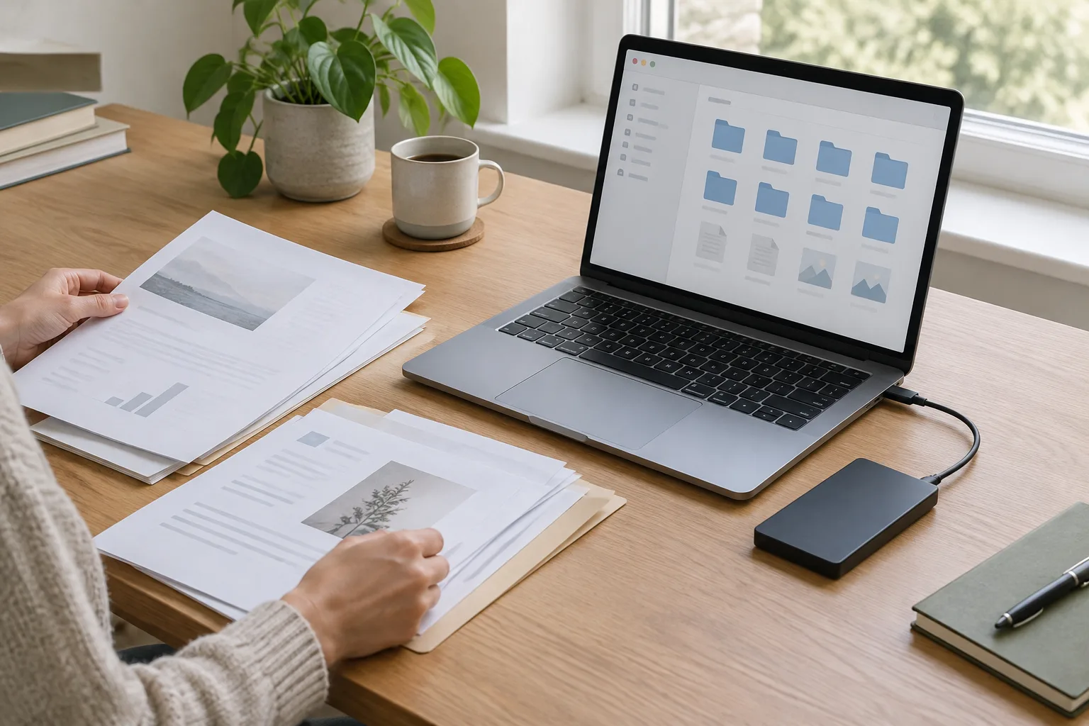 Un espace de travail où un ordinateur, des documents papier et un disque externe sont disposés de façon ordonnée.