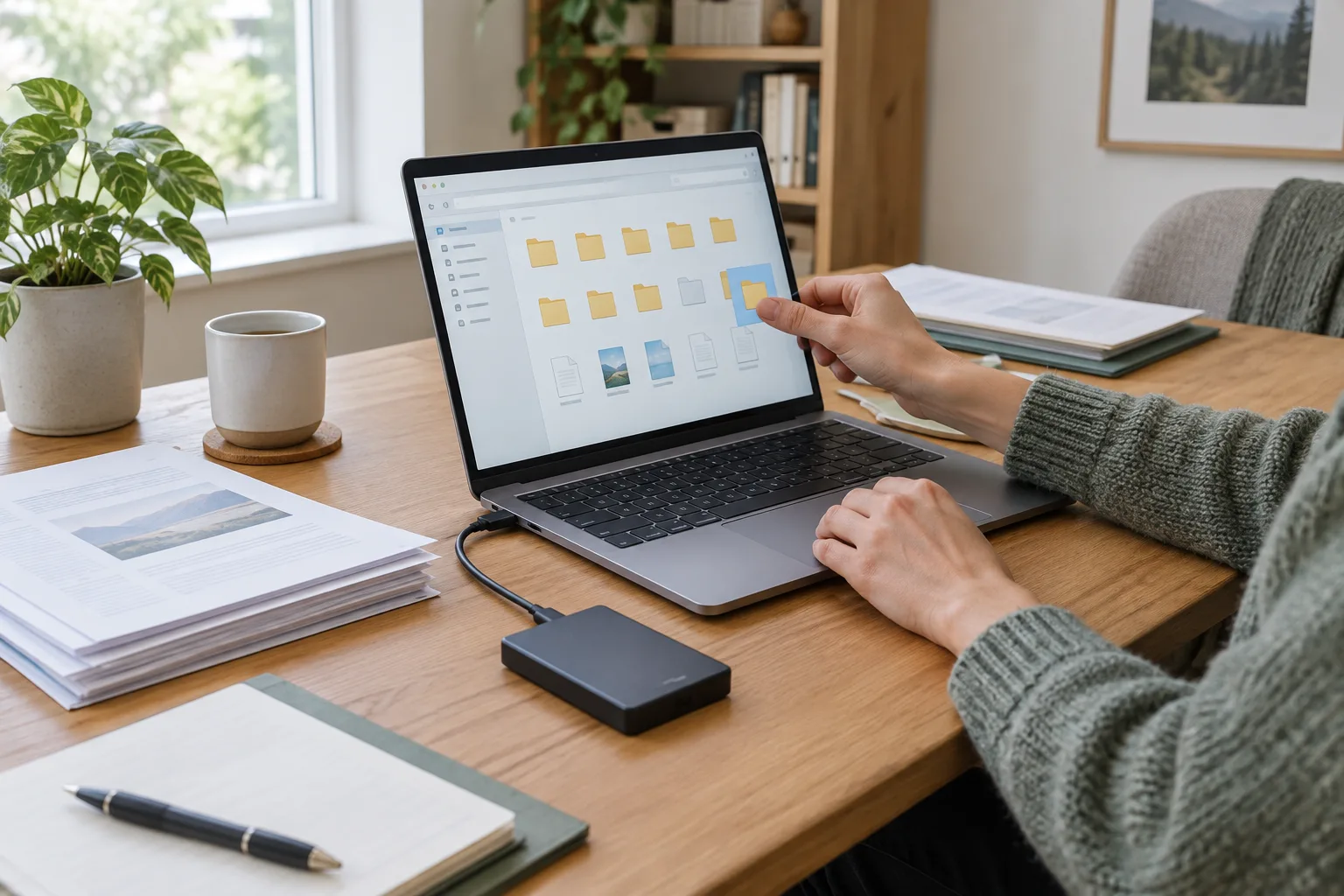 Un bureau organisé avec un ordinateur portable, des documents papier et un disque externe.