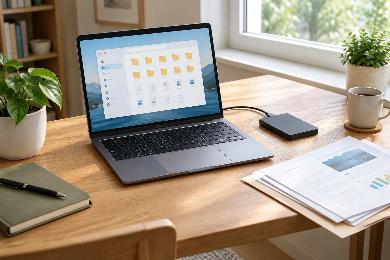 Un ordinateur, un disque externe et des documents disposés sur un bureau organisé.