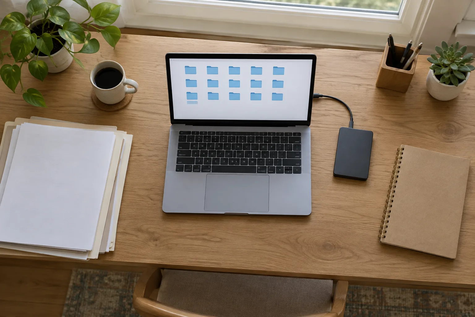 Un ordinateur portable et des documents rangés sur un bureau organisé.