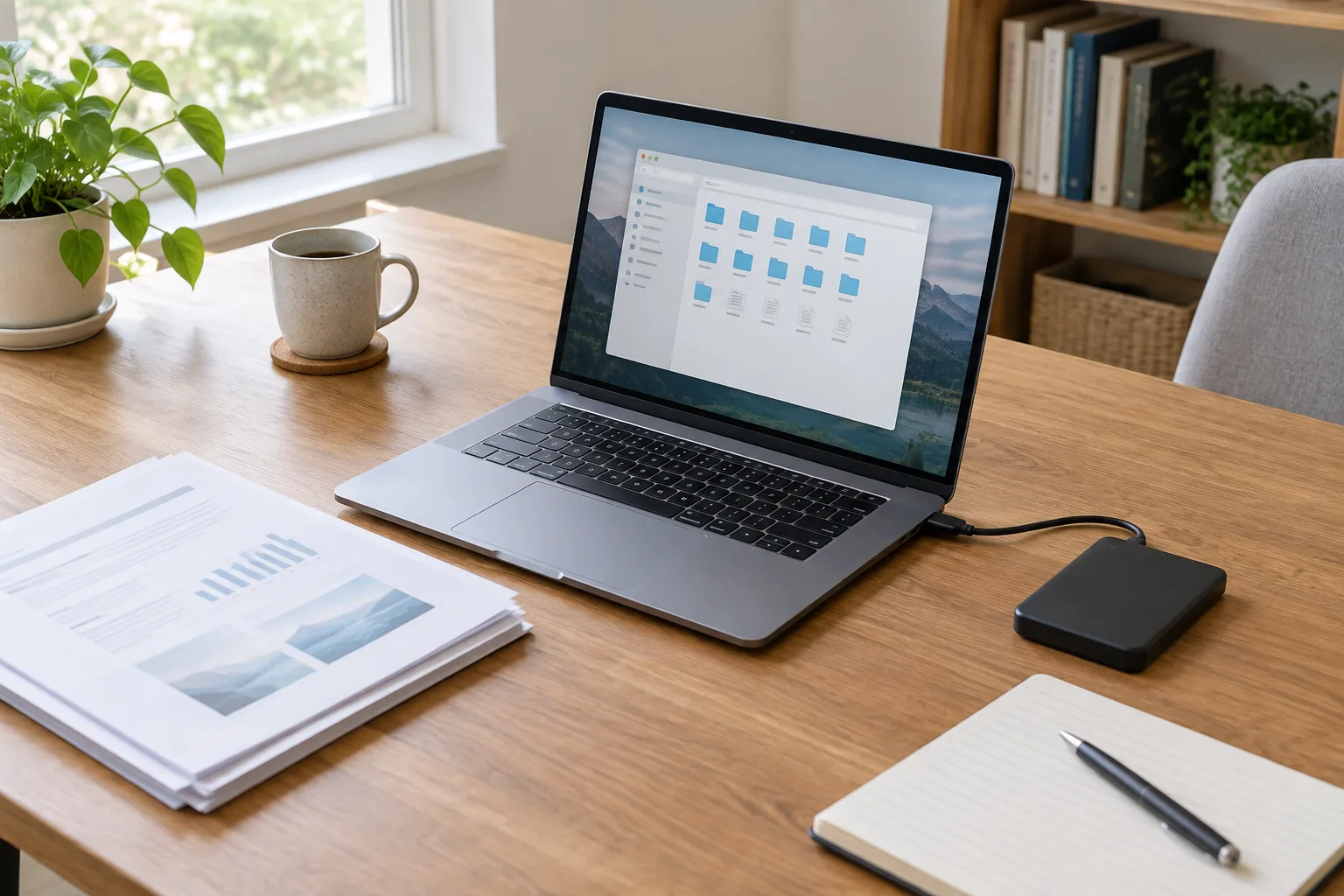 Un ordinateur portable ouvert sur un bureau rangé, accompagné de documents et d’un disque externe.