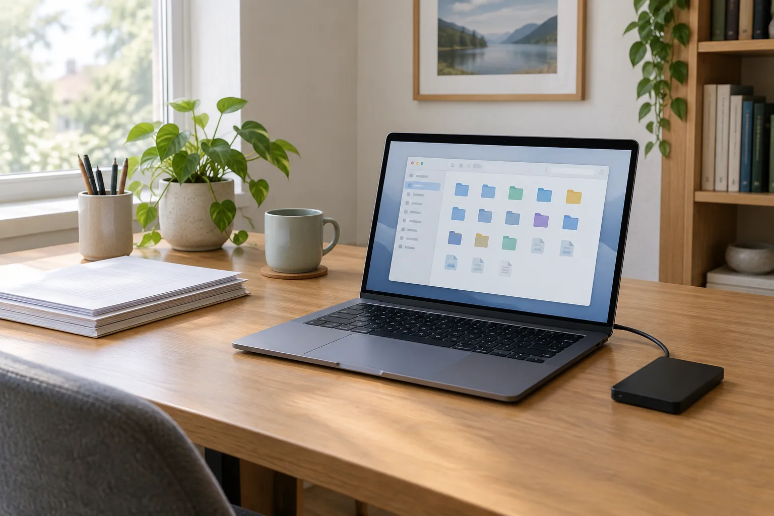 Un ordinateur portable et quelques documents sur un bureau organisé, avec un disque externe à proximité.