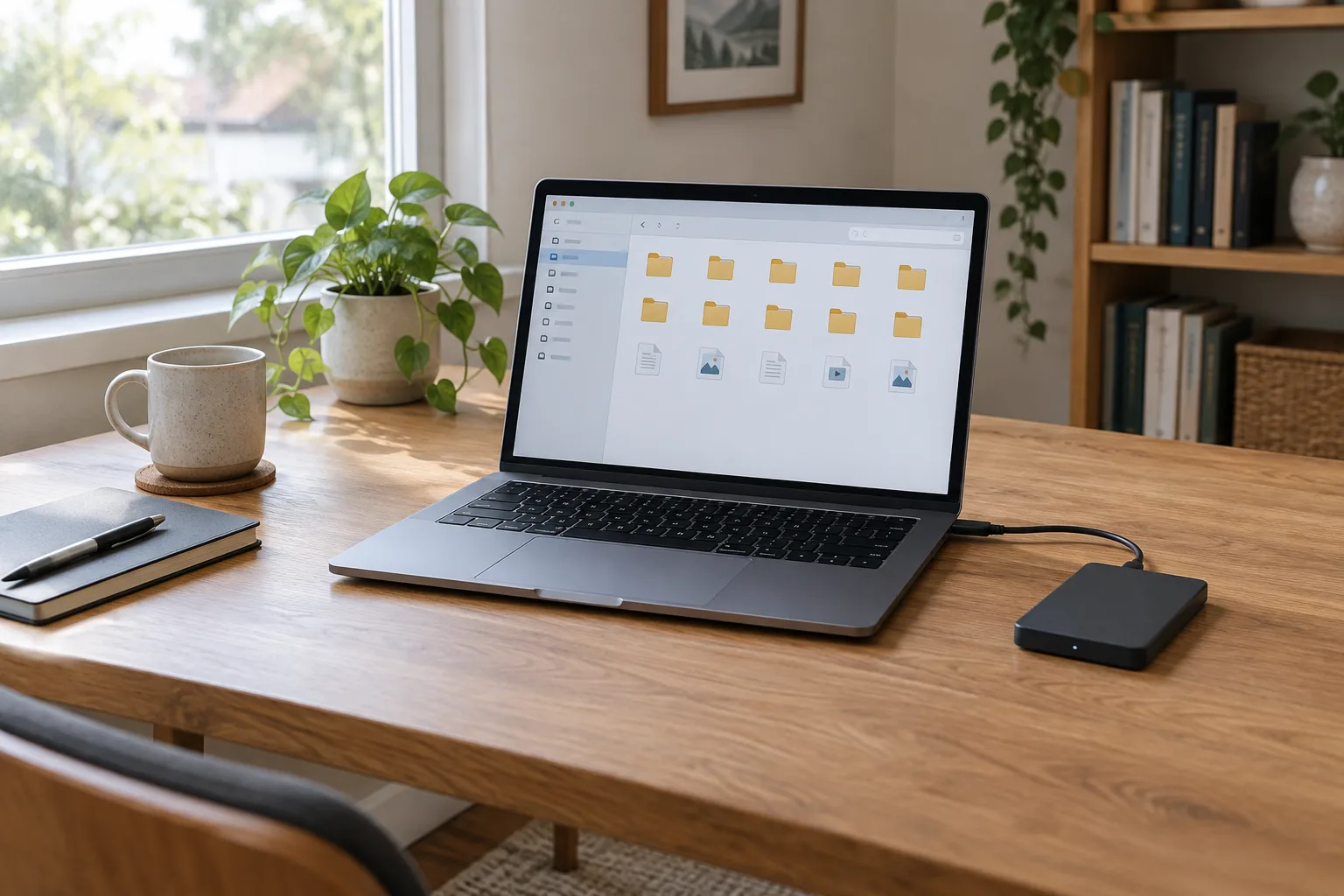 Un ordinateur portable ouvert sur une organisation de dossiers, avec un disque externe posé à côté.