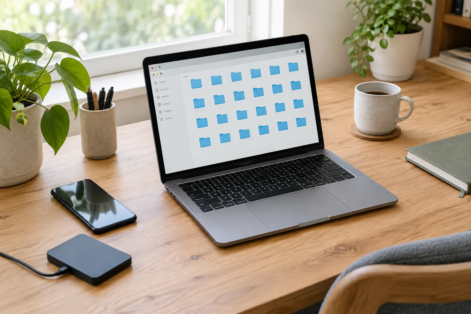 Un ordinateur portable, un téléphone et un disque externe disposés sur un bureau rangé.