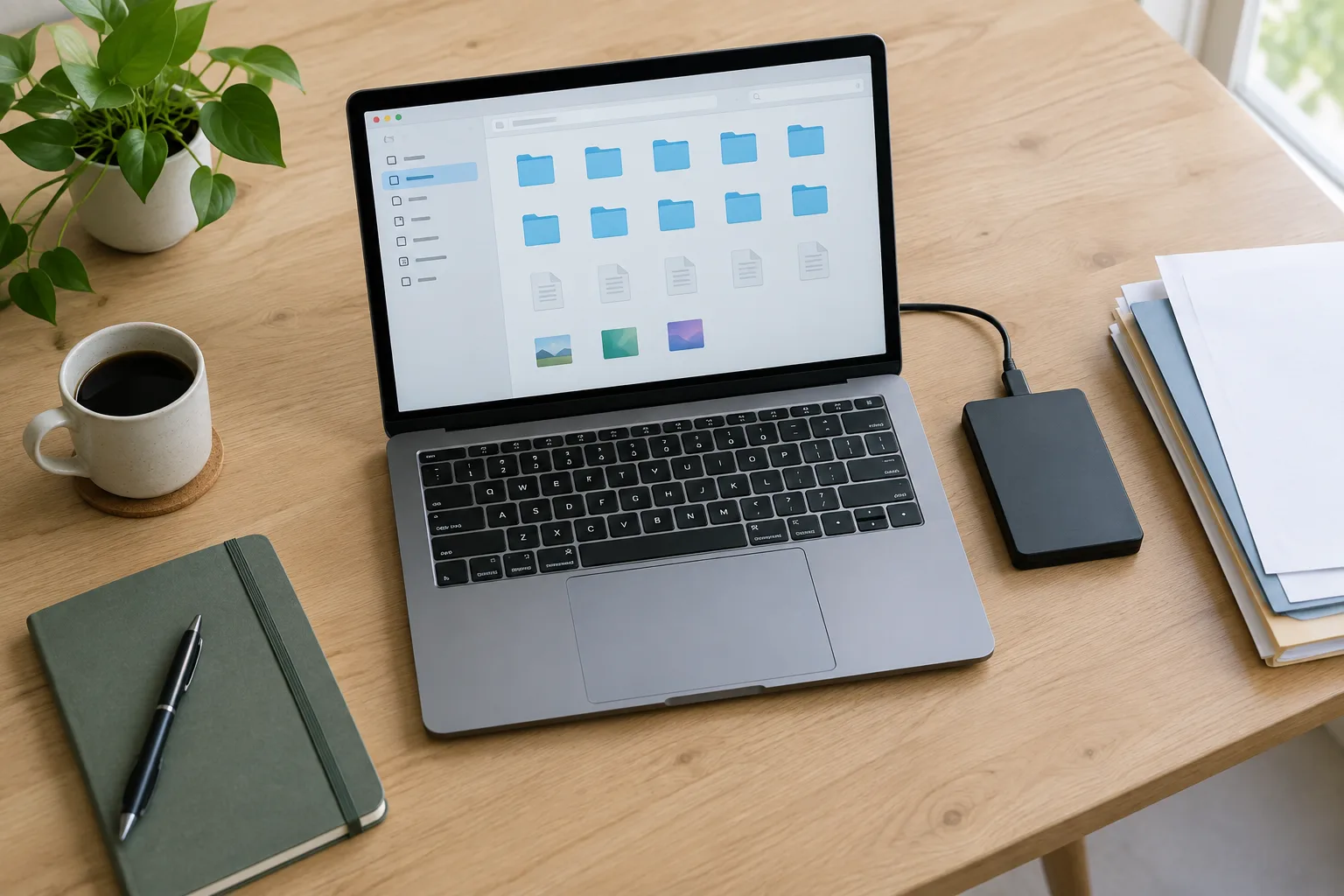 Un ordinateur, un disque externe et des documents rangés sur un bureau clair.
