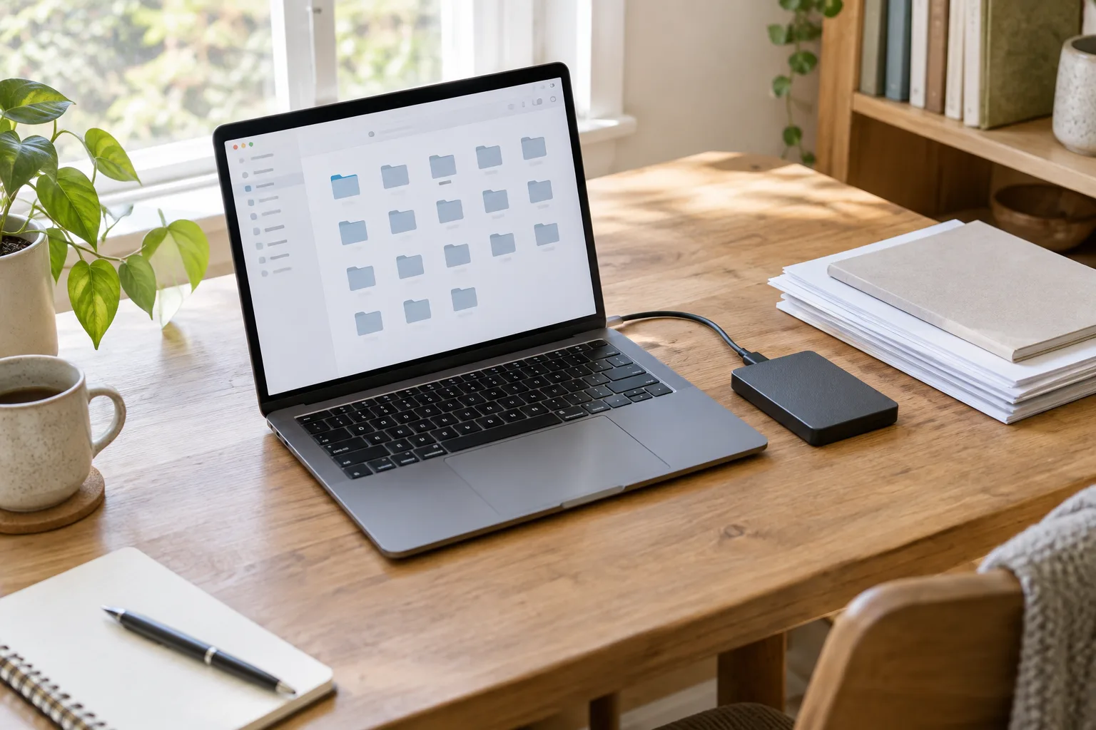 Un ordinateur portable et un disque externe sur un bureau rangé, avec des dossiers numériques affichés à l’écran.