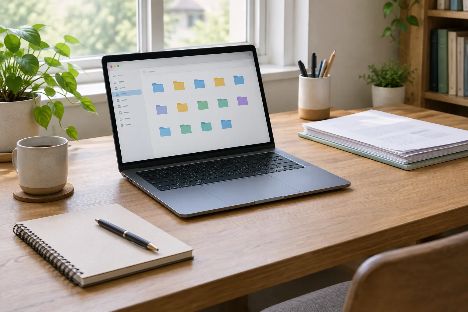 Un ordinateur ouvert sur une interface de dossiers, posé sur un bureau rangé.