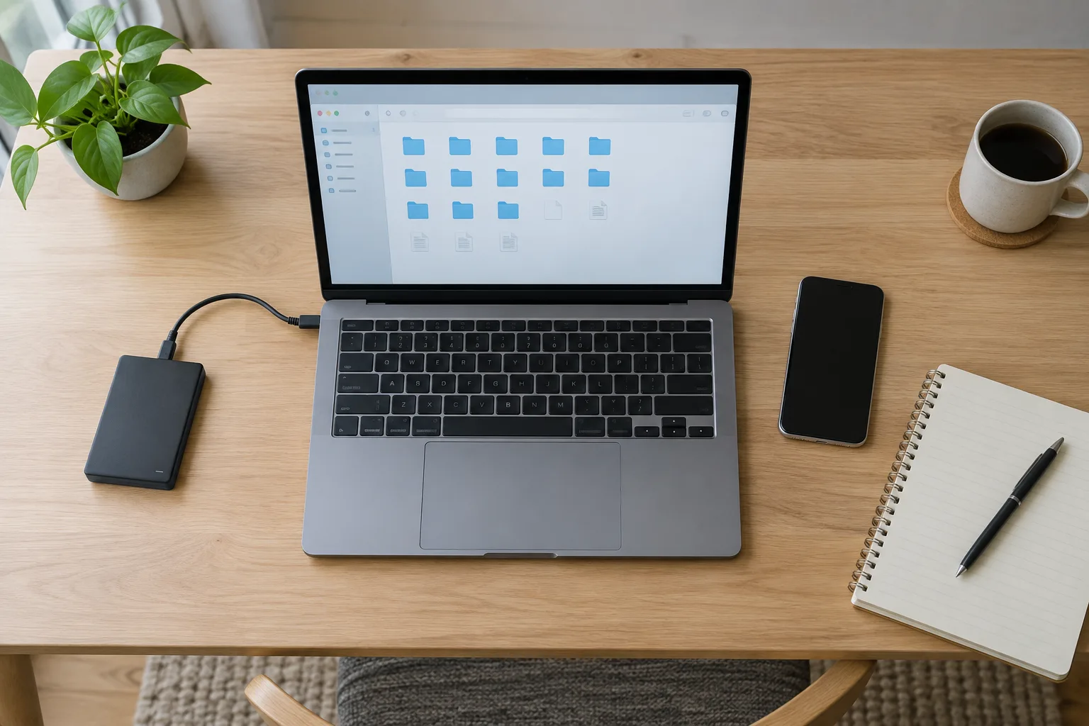 Un ordinateur portable, un téléphone et un disque externe réunis sur un bureau rangé.