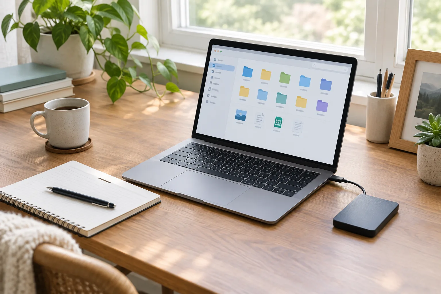 Ordinateur portable ouvert sur une interface de dossiers organisée, accompagné d’un carnet et d’un disque externe.