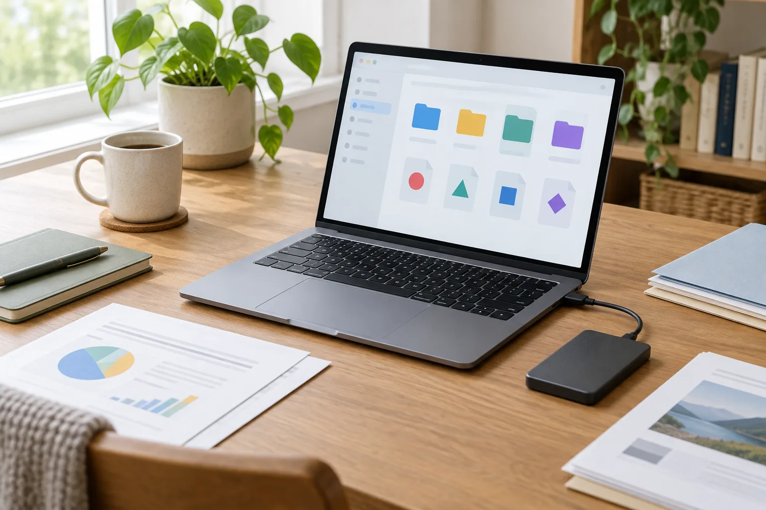 Un ordinateur portable et un support de stockage externe sur un bureau rangé, avec une interface de dossiers affichée à l’écran.