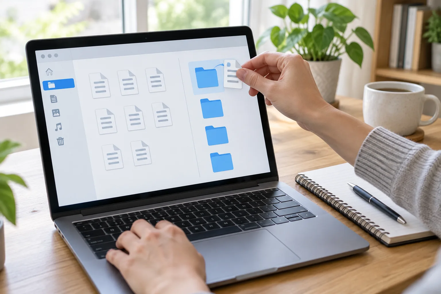 Des mains organisent des documents numériques sur un ordinateur portable.