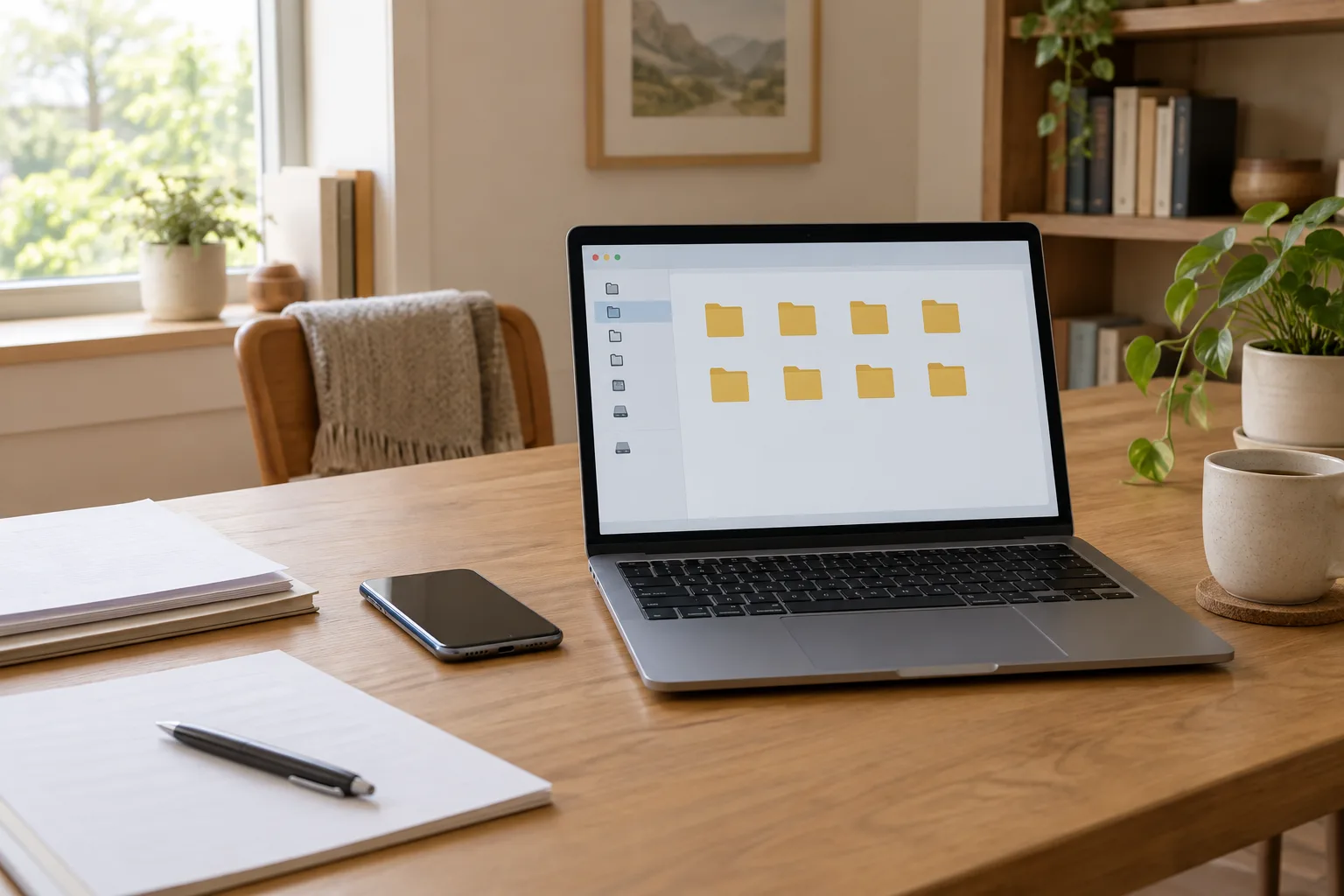 Un ordinateur portable ouvert sur des dossiers numériques, à côté d’un téléphone et de documents rangés.