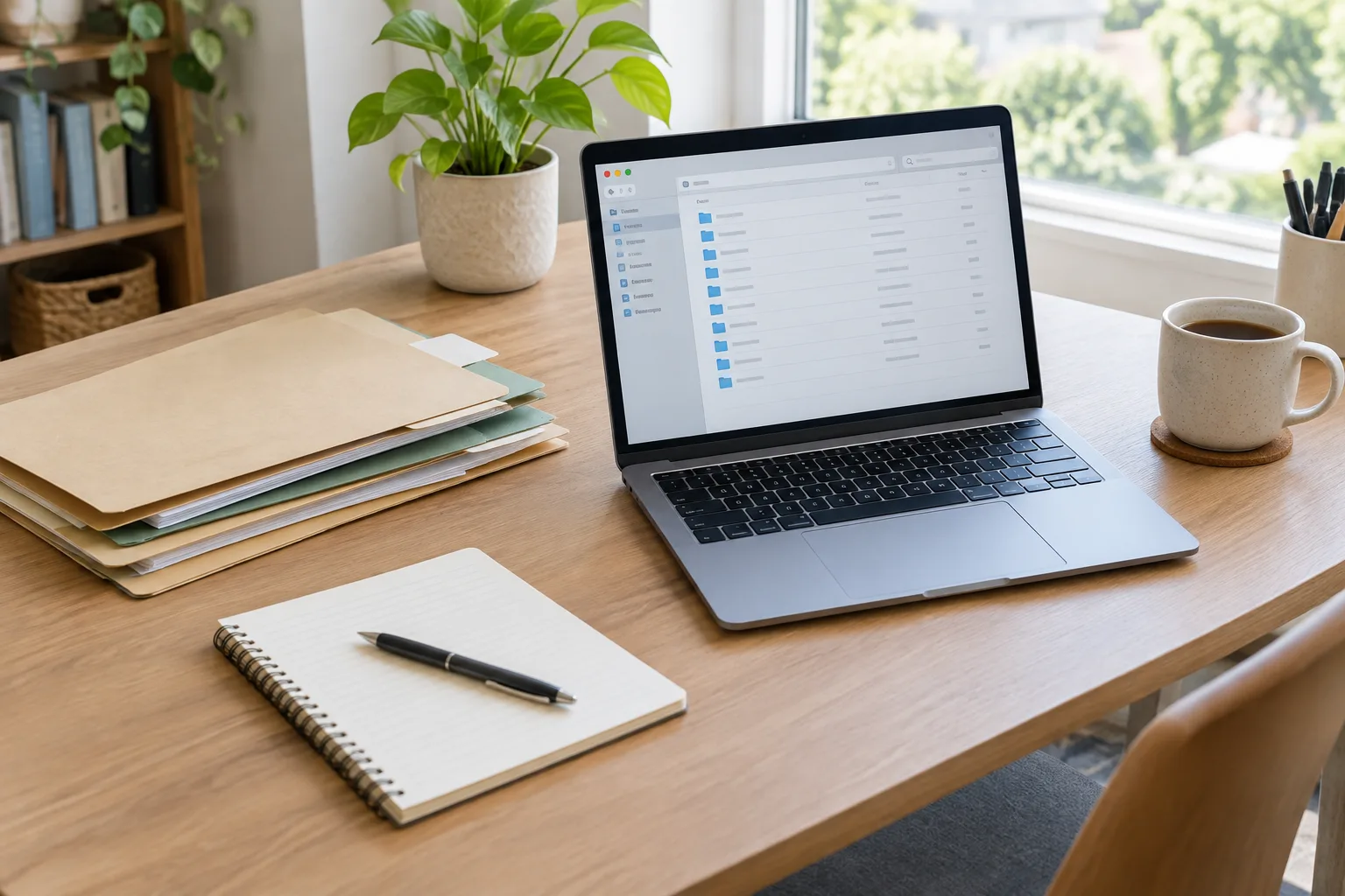 Un ordinateur portable ouvert sur une interface de dossiers, posé à côté de pochettes de classement.